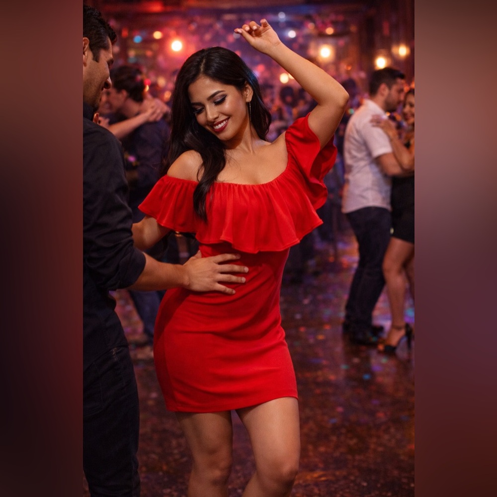 Badgley Mishka Women's Red Ruffle On/Off-The-Shoulder Dress